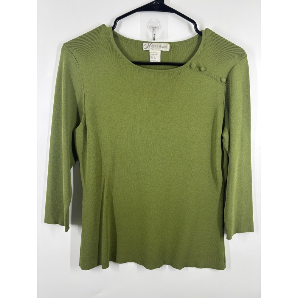 Dressbarn Large Olive Green Knit Sweater Top 3/4 Sleeve Button Shoulder
